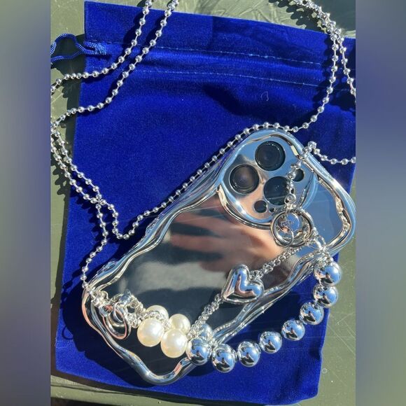 Silver Mirror iPhone 16 Pro Case with Chain and Beads - Picture 7 of 9